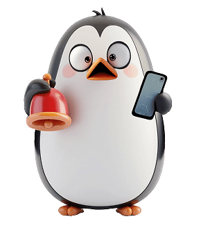 Pingouin cloche et téléphone Illustration représentant un pingouin surpris tenant une cloche et un téléphone prêt à déclencher un appel andon