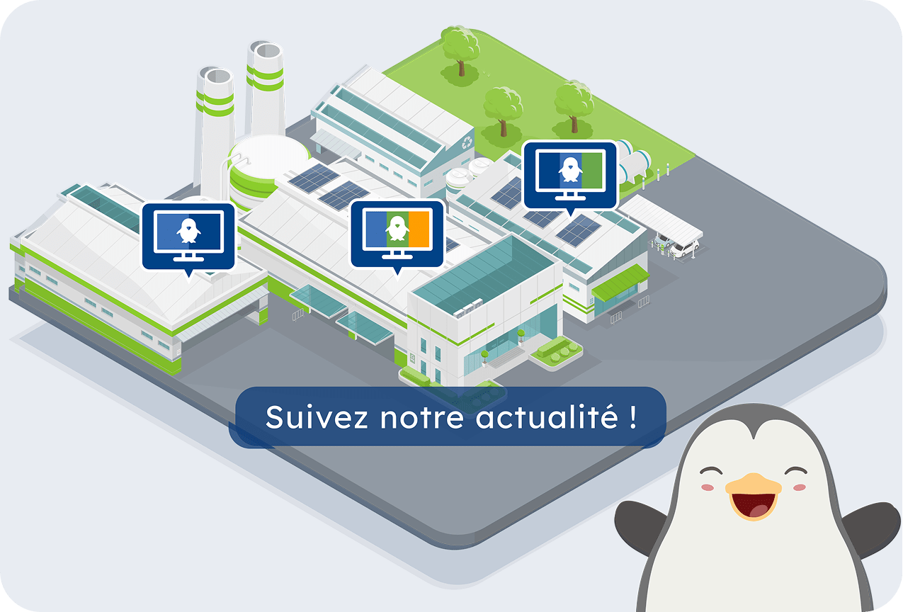 image newsletter Illustration d'un pingouin devant une usine connectée