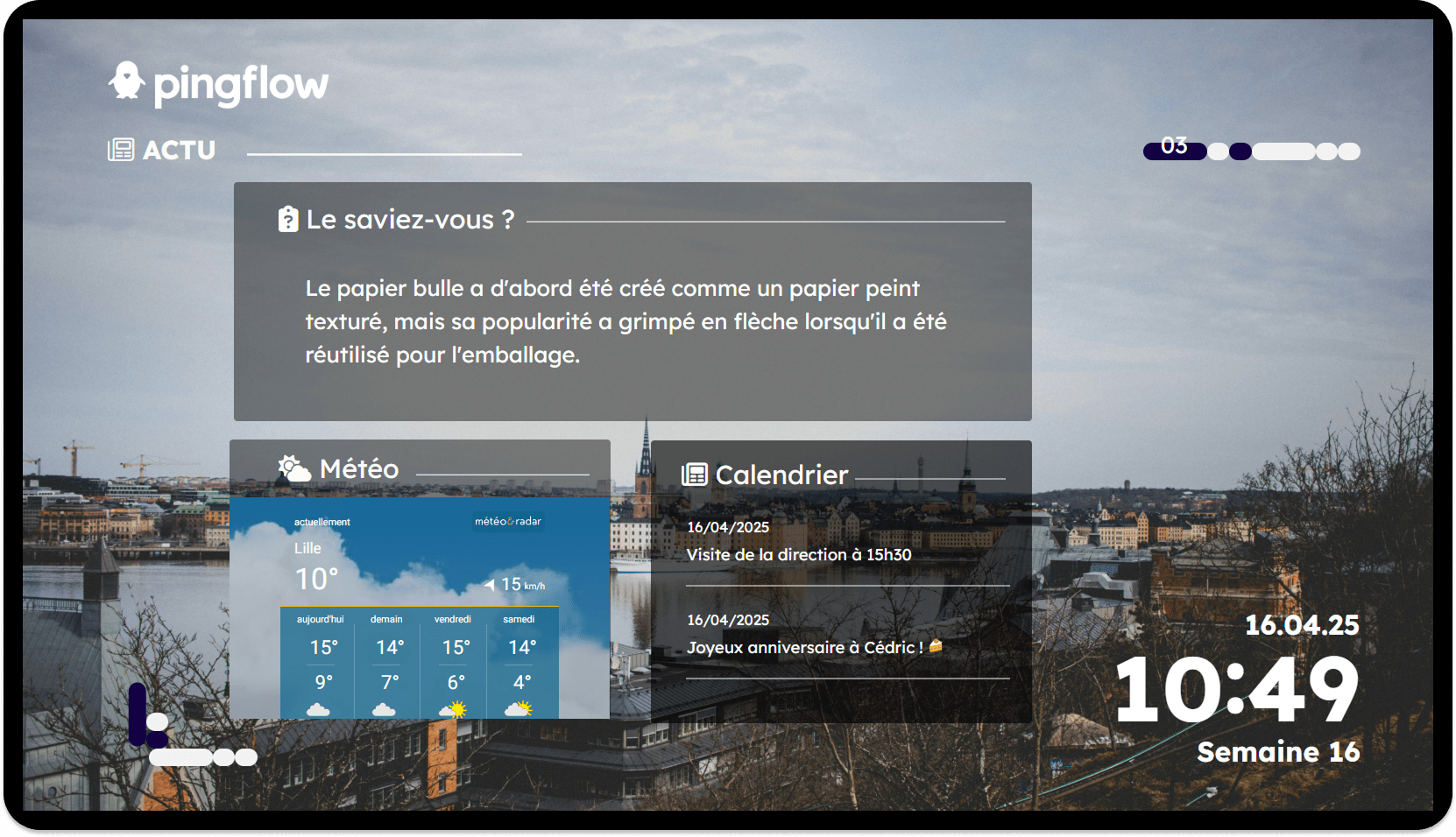 Wallboard Actu communication – Infos météo, agenda et fun fact du jour Écran Pingflow présentant un mix d’informations pratiques et ludiques : un encart "Le saviez-vous ?" indique que le papier bulle a d’abord été conçu comme un papier peint texturé. En dessous, la météo de Lille est affichée avec une température actuelle de 10°C, un vent de 15 km/h, et les prévisions sur quatre jours. À droite, un calendrier mentionne deux événements du jour (16/04/2025) : la visite de la direction à 15h30 et l’anniversaire de Cédric. L’écran affiche également l’heure (10:49) et la semaine (Semaine 16), avec un fond urbain sous un ciel nuageux.