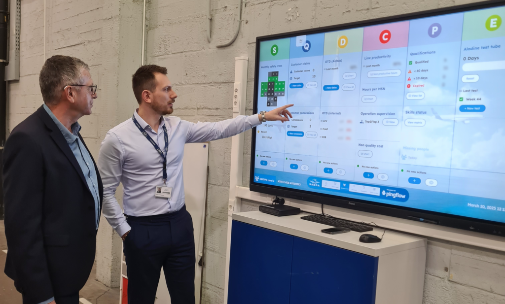 Deux hommes en discussion devant un grand écran interactif affichant un tableau de bord SQCDP digitalisé. L’un d’eux, en chemise claire, pointe un indicateur sur l’écran tandis que l’autre l’observe attentivement. L’écran présente des données de performance industrielle (sécurité, qualité, délais, coûts, personnel, environnement) utilisées pour le pilotage quotidien de la production chez SABCA, avec l’interface développée par Pingflow. L’image illustre un moment de management visuel en contexte industriel.