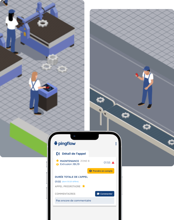 Système andon 3 Illustration montrant le scénario du système andon. A gauche un opérateur déclenche une alerte sur son téléphone. A droite, au milieu de l'atelier un écran restitue cette alerte.