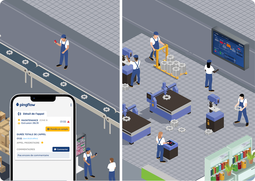 Suivi d'activite 7 Illustration montrant un opérateur signalant un problème sur son téléphone et une autre personne qui consulte l'alerte sur un écran plus loin dans l'atelier.
