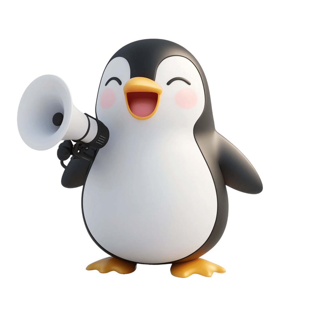 Mascotte Pingflow avec mégaphone Pingouin mascotte de Pingflow tenant un mégaphone et souriant, prêt à faire une annonce importante ou motiver les équipes.
