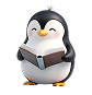 Pingouin mascotte de Pingflow lisant un livre avec un air concentré et souriant, symbolisant l’apprentissage ou la consultation d’une ressource.