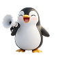 Pingouin mascotte de Pingflow tenant un mégaphone et souriant, prêt à faire une annonce importante ou motiver les équipes.