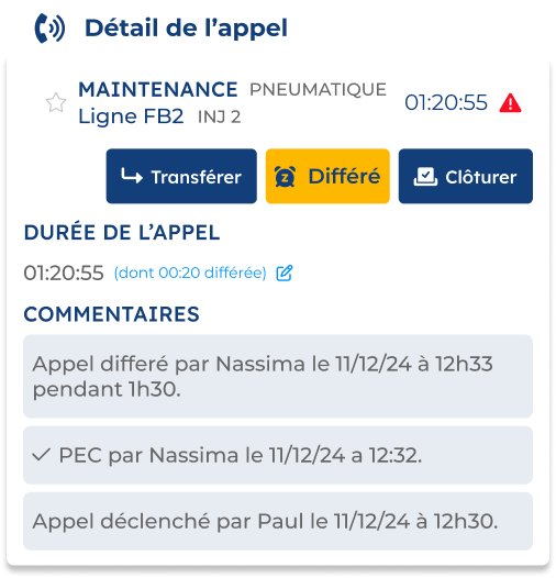 App andon détails appel Aperçu de l'application mobile andon montrant le détail d'un appel cloturé