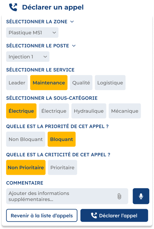 app déclarer un appel Aperçu de l'application mobile andon montrant la création d'un appel