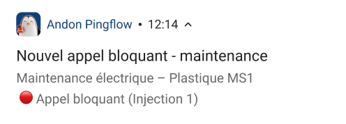 Aperçu de l'application mobile andon montrant le détail d'une notification push