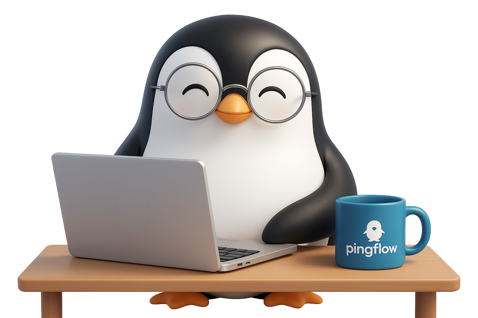 Mascotte Pingflow en forme de pingouin, assise à un bureau avec un ordinateur portable et une tasse bleue estampillée du logo Pingflow. Le pingouin porte des lunettes rondes et sourit en travaillant, dans un univers à la fois professionnel et ludique.