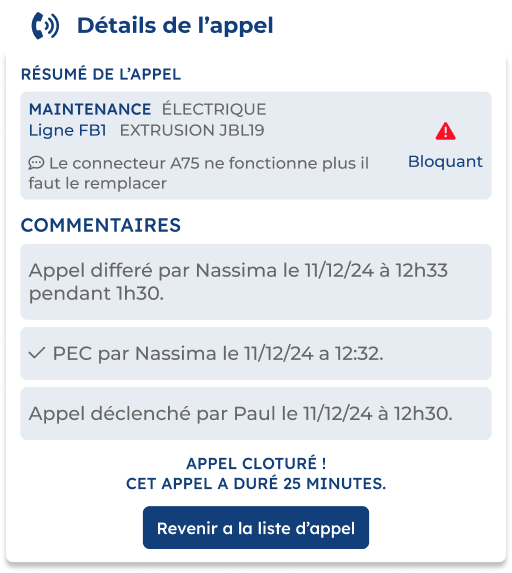détails de l'appel cloturé Aperçu de l'application mobile andon montrant le détail d'un appel cloturé