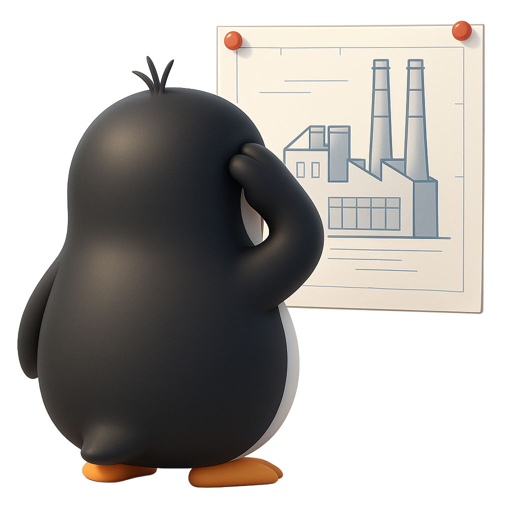 Digitaliser le suivi de production pour un pilotage d’activité plus efficace 2 Illustration d'un pingouin regardant un plan d'usine en se grattant la tête
