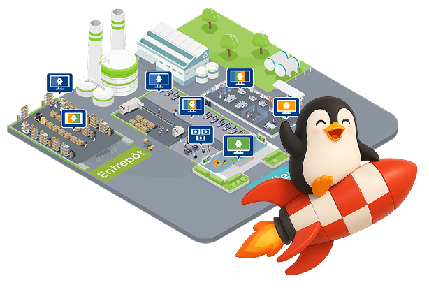 fusee usine Illustration d’une usine et d’un entrepôt digitalisés avec écrans de management visuel affichant des alertes. La mascotte Pingflow, un pingouin sur une fusée rouge, symbolise l’agilité et la performance. Visuel associé aux rituels d’équipe et à la transformation digitale industrielle.