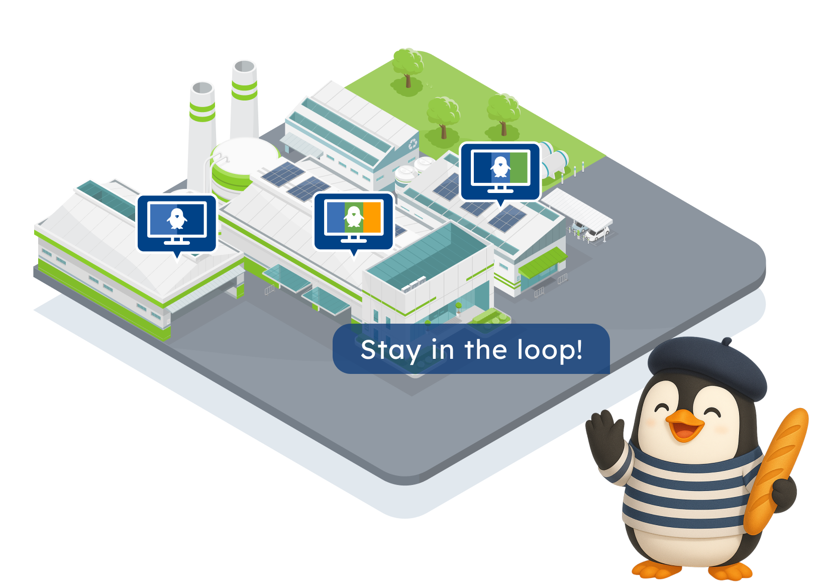 newsletter EN illustration Illustration of Pingflow's penguin in front of a factory