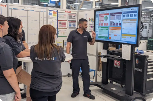 ARaymond Une equipe ARaymond en pleins rituel d'equipe devant un ecran AIC Pingflow dans l'atelier