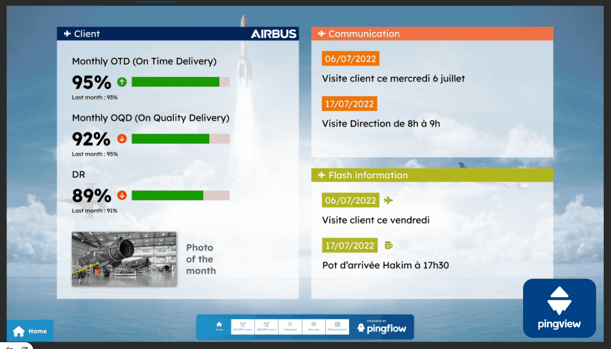 mvd GIF animé d’un écran Pingflow sur le thème « Vie d’équipe », alternant deux visuels : à gauche, une équipe de collaborateurs s’enlace en souriant lors d’un événement extérieur (devant une banderole « TEAM ») ; à droite, une activité de team building en intérieur avec des cordes et des objets colorés. Le message « Merci à tous pour votre bonne humeur ! » apparaît en surimpression. Un QR code invite à répondre à un sondage avec la mention : « Répondez au sondage avant demain svp 🙂 ! ». En bas à droite, l’heure passe de 10:24 à 10:49 entre les deux scènes, la date (16.04.25) et la semaine (Semaine 16) restent identiques. Une jauge de progression est affichée (étape 5 sur 8).