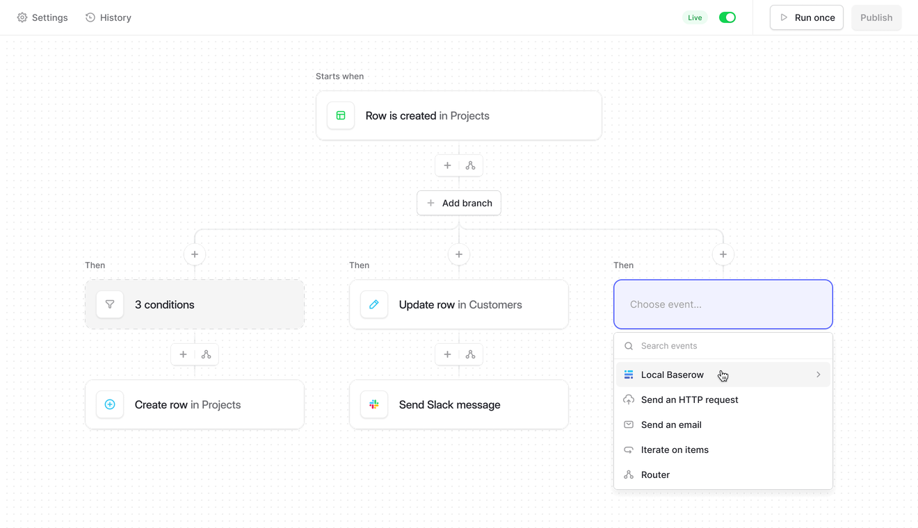 Aperçu des automatisations Baserow