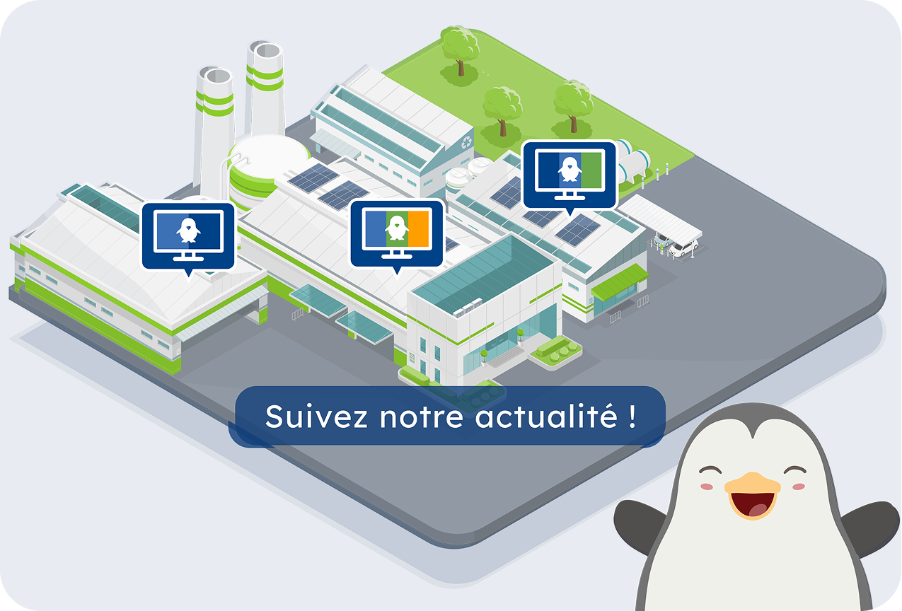Illustration d'un pingouin devant une usine connectée 