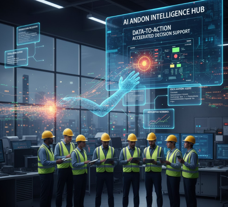 Image d'illustration de l'IA, des personnes travaillant dans une usine futuriste avec un écran au-dessus d'eux