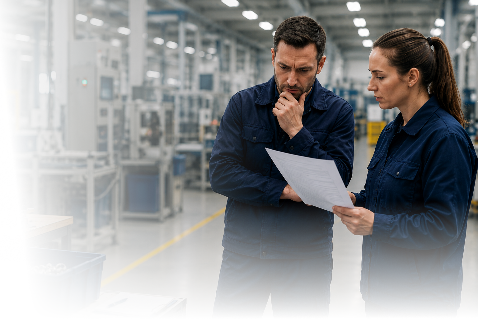 6669ef39-af74-4943-b0de-e592360b4536 1 Un homme et une femme discutant avec des notes dans une usine