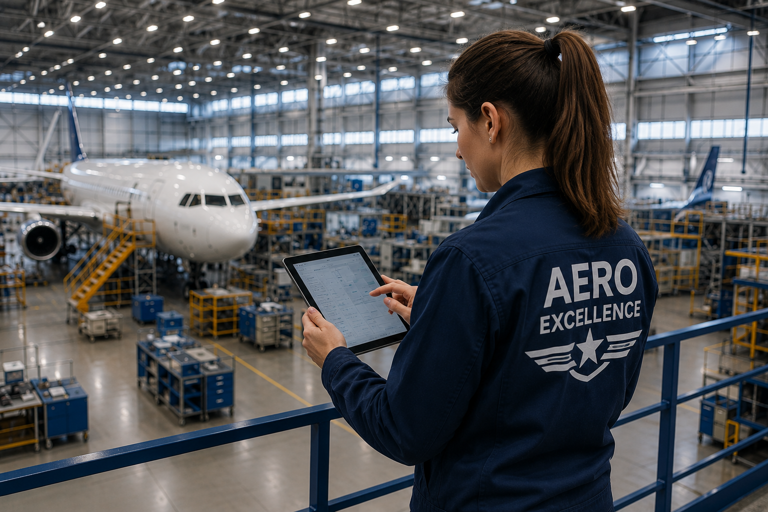 Une femme dans un atelier devant un avion avec une tablette à la main suivant les andons