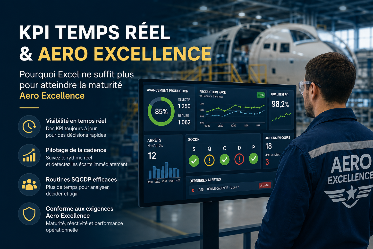 Image d'illustration d'un homme dans un atelier à côté d'un avion. Il regard un écran affichant différent KPI connectés à la production pour le label aero excellence