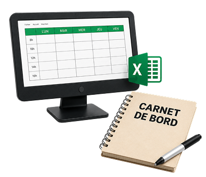 Logiciel MES Pingflow 2 Illustration d'un fichier exel et d'un bloc note carnet de bord