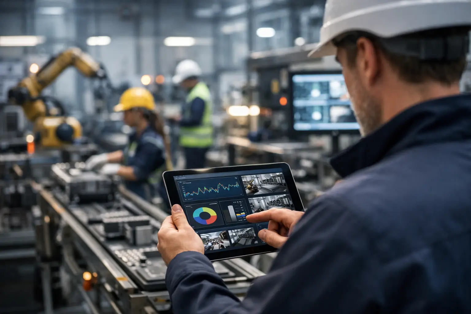 suivi-activite-temps-reel-usine Homme de dos dans une usine tenant une tablette avec du suivi d'activité en temps réel