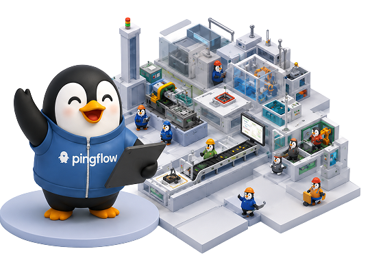 Pingflow 11 Illustration de la mascotte Pingflow devant une usine