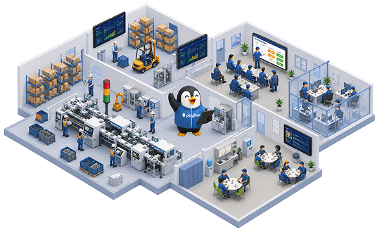 Pingflow 13 Illustration de la mascotte Pingflow au milieu d'une usine