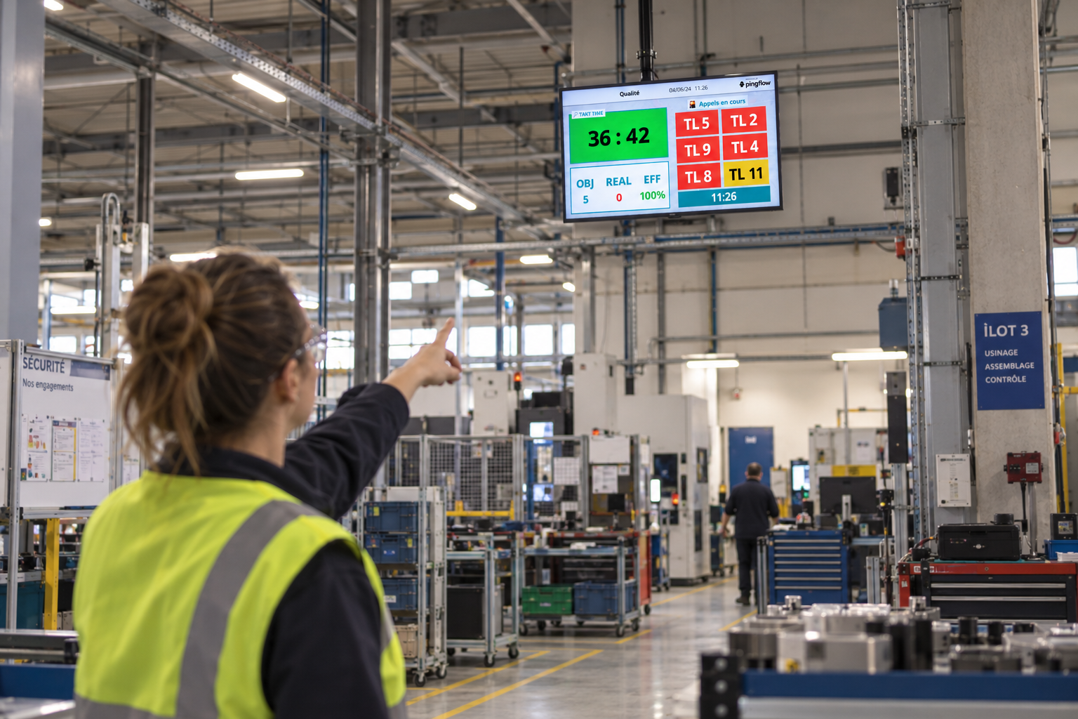 ecran andon usine Une opératrice en atelier industriel pointe du doigt un écran Andon installé en hauteur, affichant en temps réel le takt time, les objectifs de production et les alertes en cours.