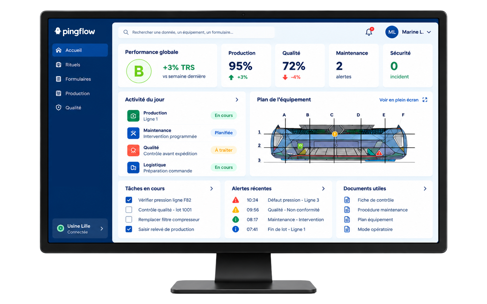 exemple ecran studio Ăcran de pilotage industriel Pingflow affichant les indicateurs de performance, le suivi de production, la qualitĂ©, la maintenance, les alertes et les tĂąches en cours.